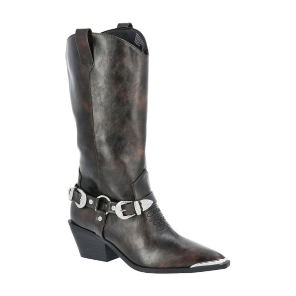 Western Harness Knee-High Boot in Distressed Brown - Fashion Women's Shoe